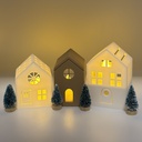 Set 3 căsuțe luminoase Tesoris, cu brazi miniaturali și lumânări LED